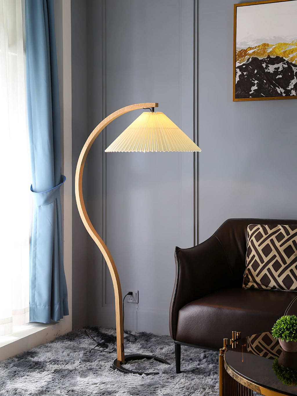 Floor Lamp, Caprani Beechwood & Linen Shade, E26/E27, Plug-In