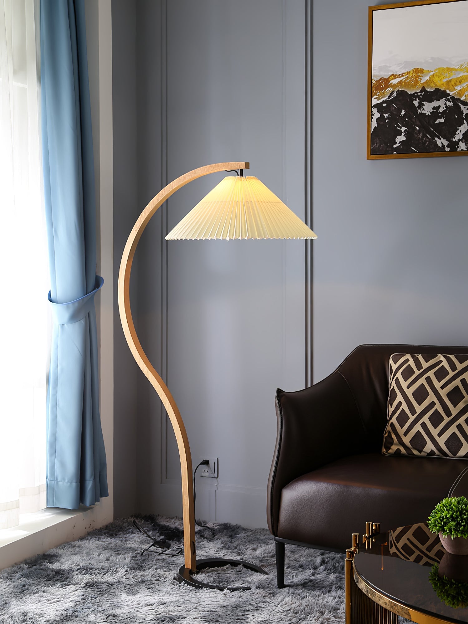 Floor Lamp, Caprani Beechwood & Linen Shade, E26/E27, Plug-In