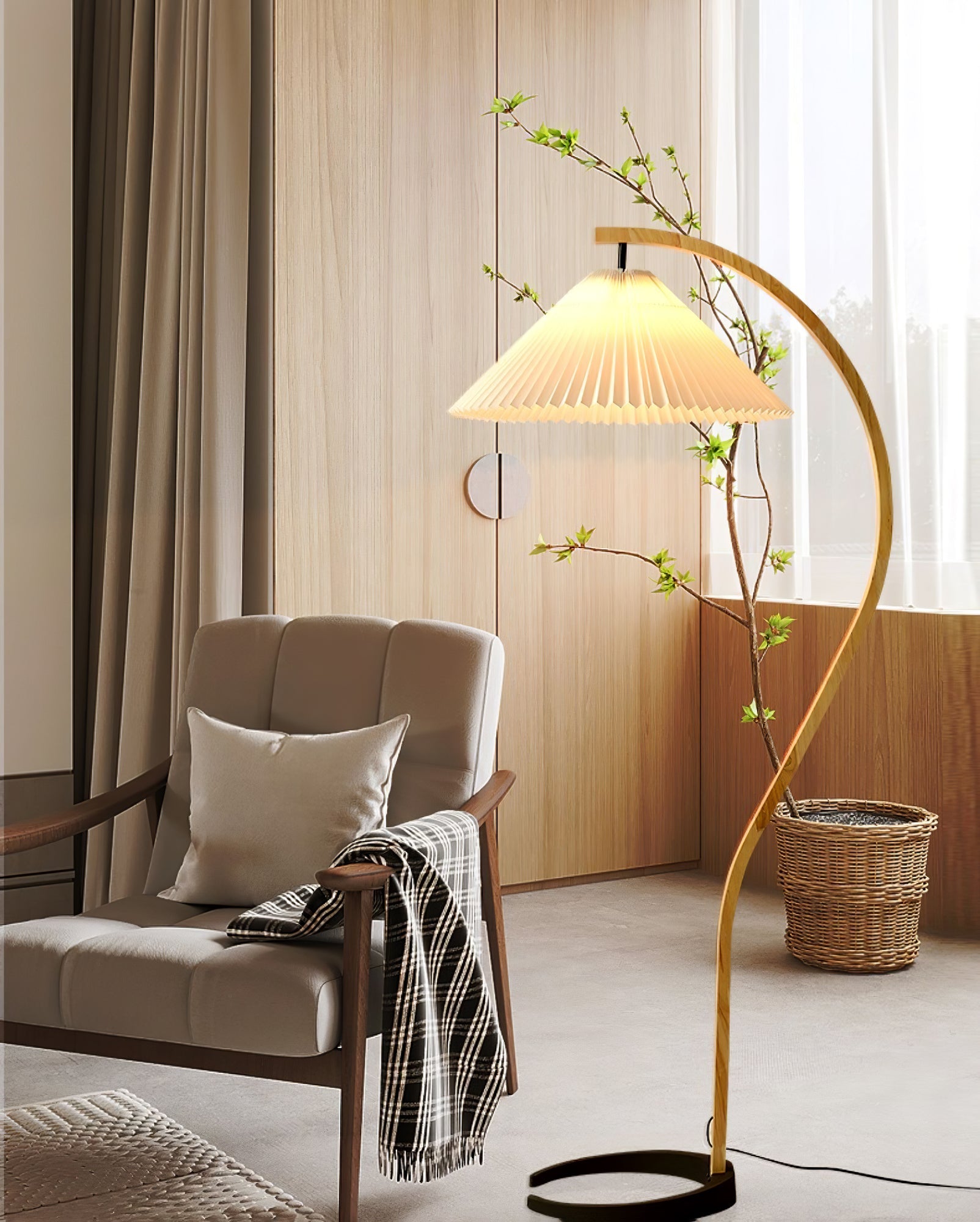 Floor Lamp, Caprani Beechwood & Linen Shade, E26/E27, Plug-In