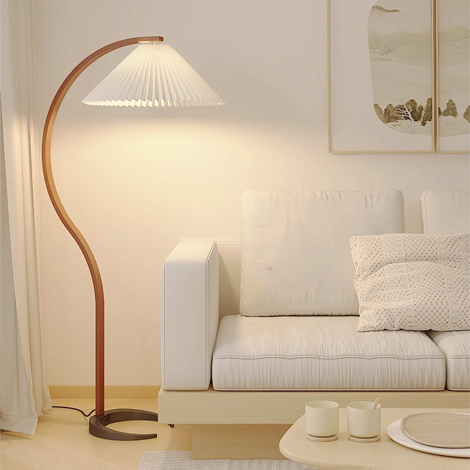 Floor Lamp, Caprani Beechwood & Linen Shade, E26/E27, Plug-In