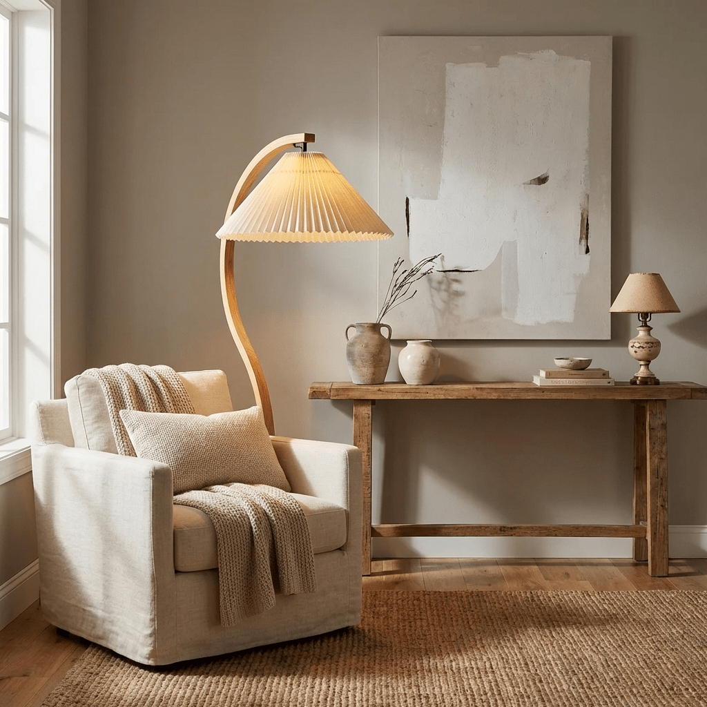 Sculptural beechwood floor lamp with iron base on wood flooring