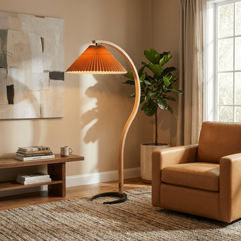 Floor lamp with drum linen shade casting soft light in a corner