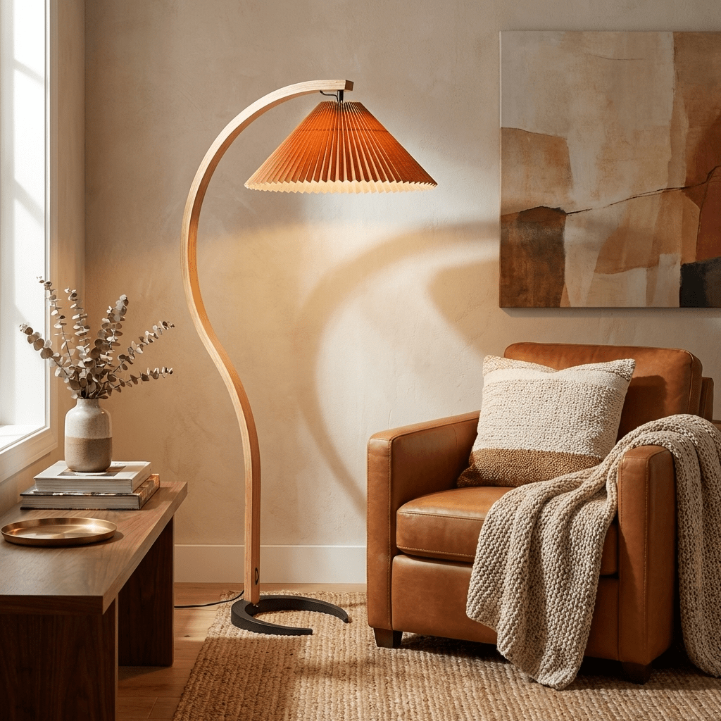 Caprani floor lamp linen shade detail with natural wood stem