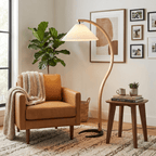 Floor lamp linen shade close-up showing fabric texture and warm light