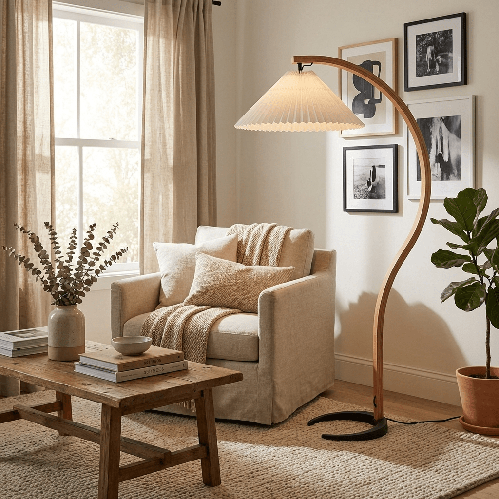 Floor lamp with warm glow illuminating a cozy living space