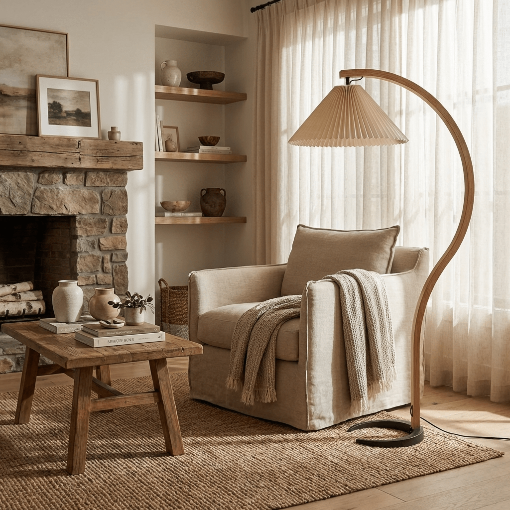 Beech wood and linen floor lamp styled next to a reading chair