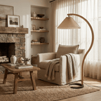 Beech wood and linen floor lamp styled next to a reading chair