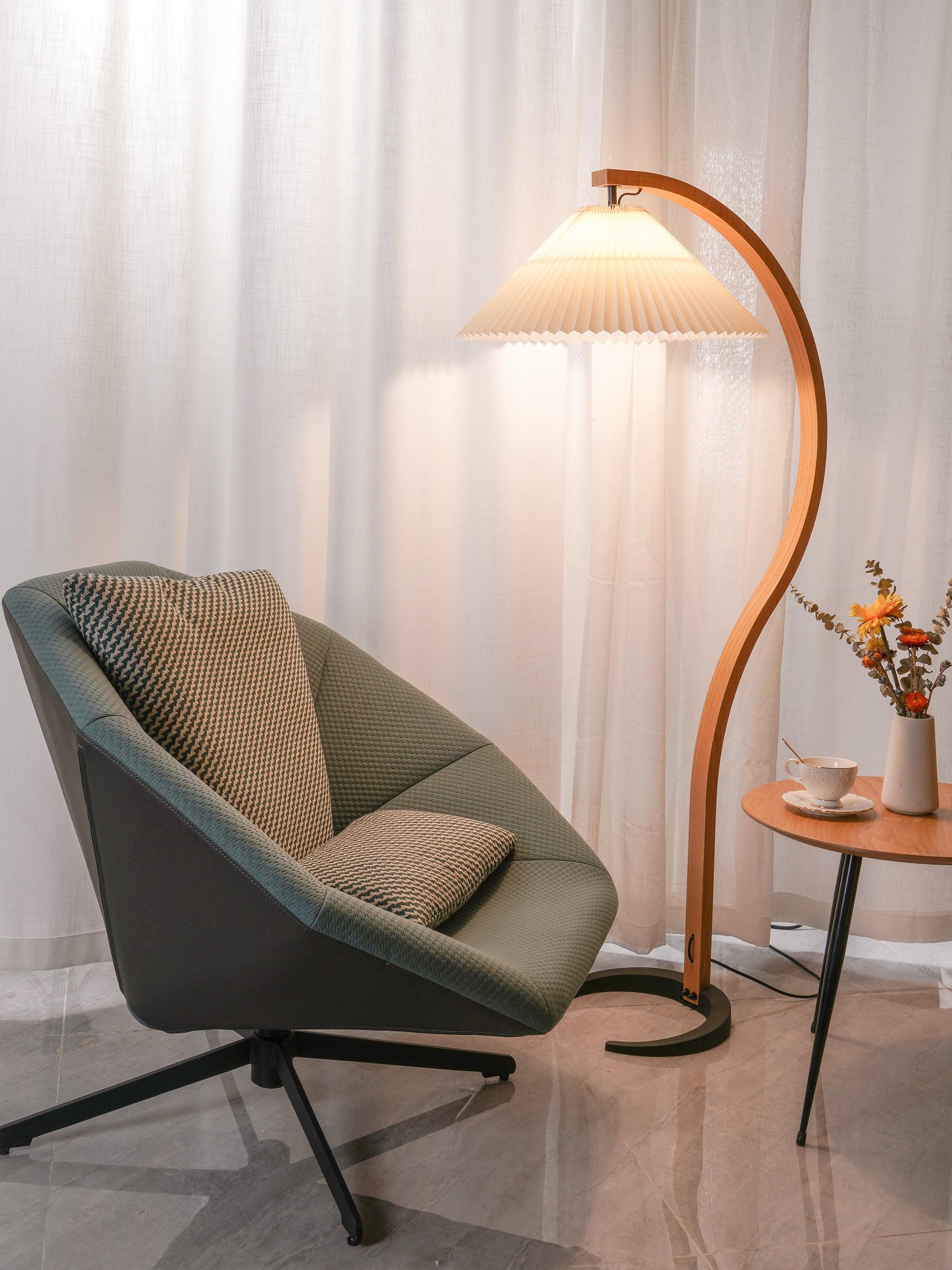 Floor Lamp, Caprani Beechwood & Linen Shade, E26/E27, Plug-In