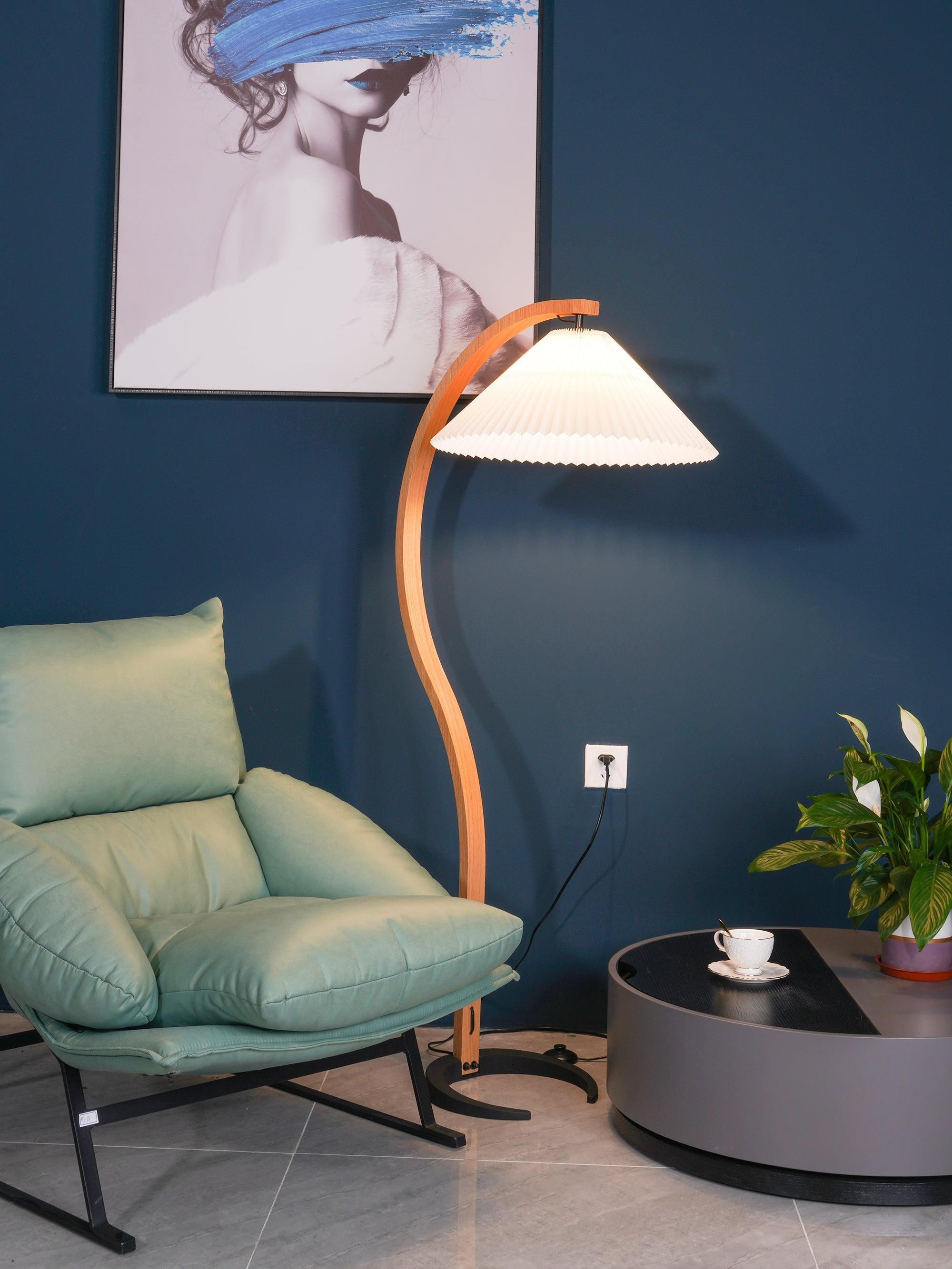 Floor Lamp, Caprani Beechwood & Linen Shade, E26/E27, Plug-In