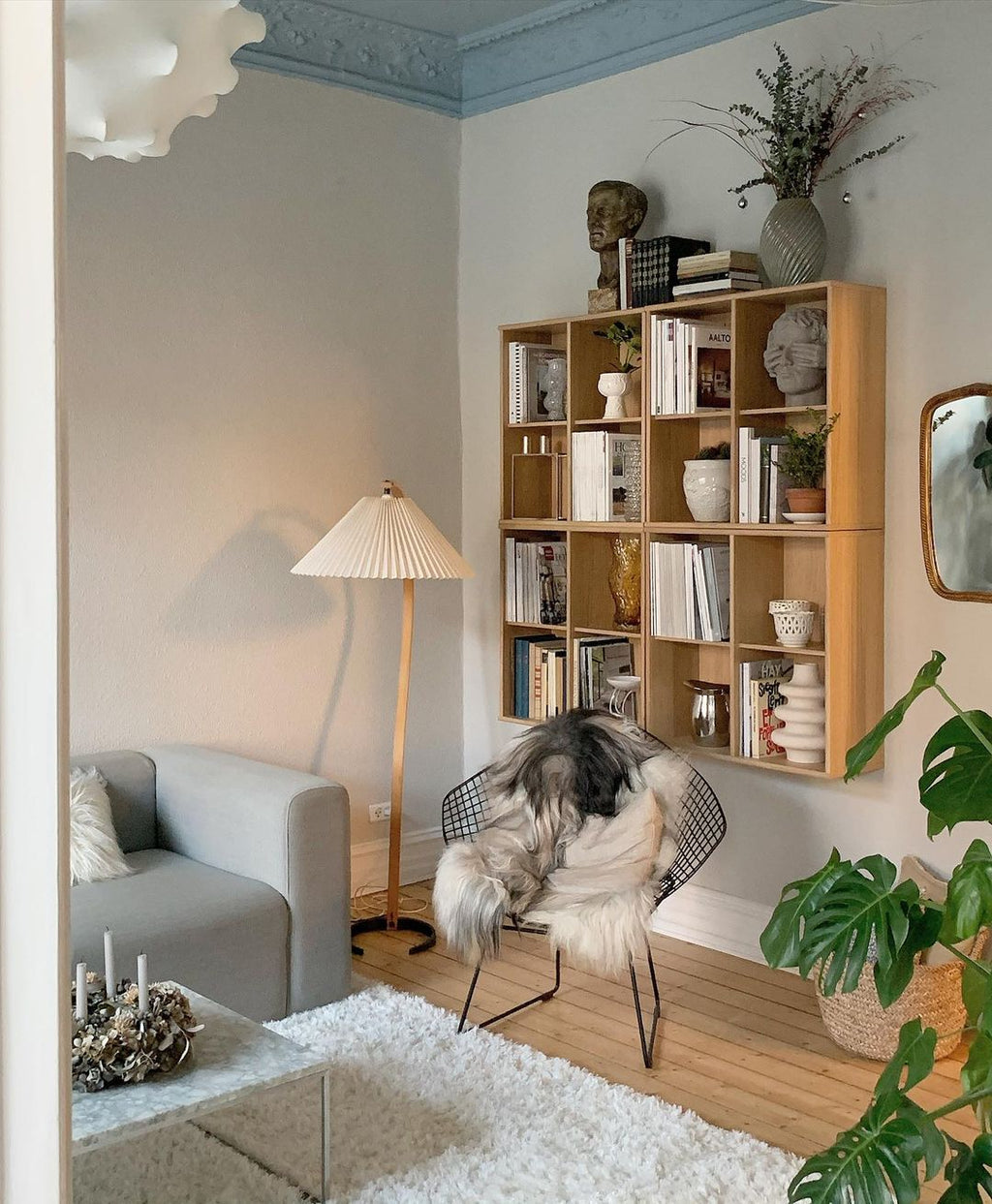 Floor Lamp, Caprani Beechwood & Linen Shade, E26/E27, Plug-In