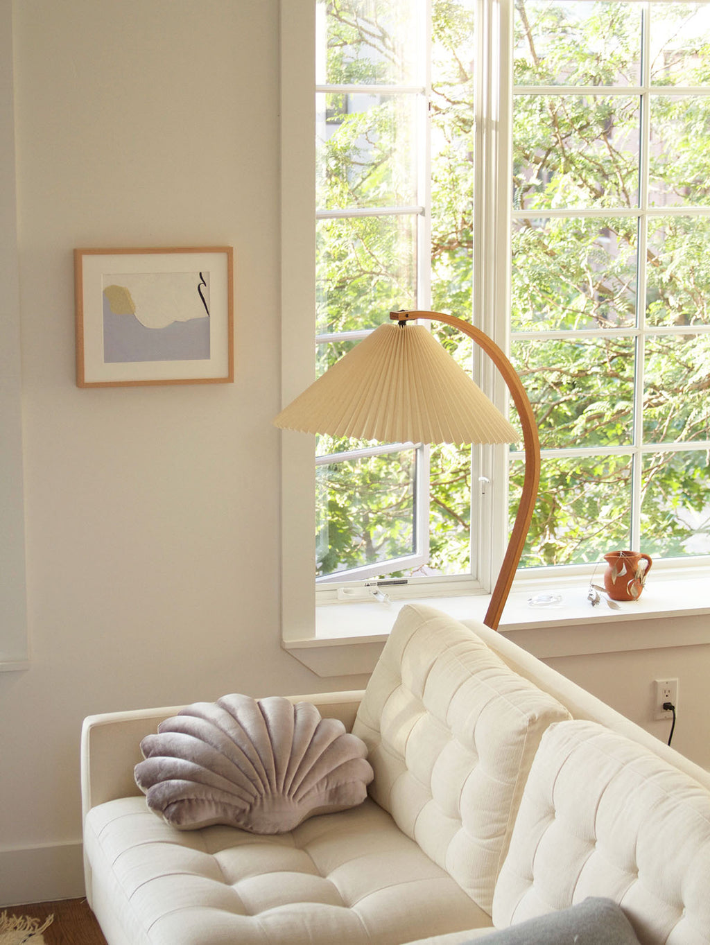 Floor Lamp, Caprani Beechwood & Linen Shade, E26/E27, Plug-In