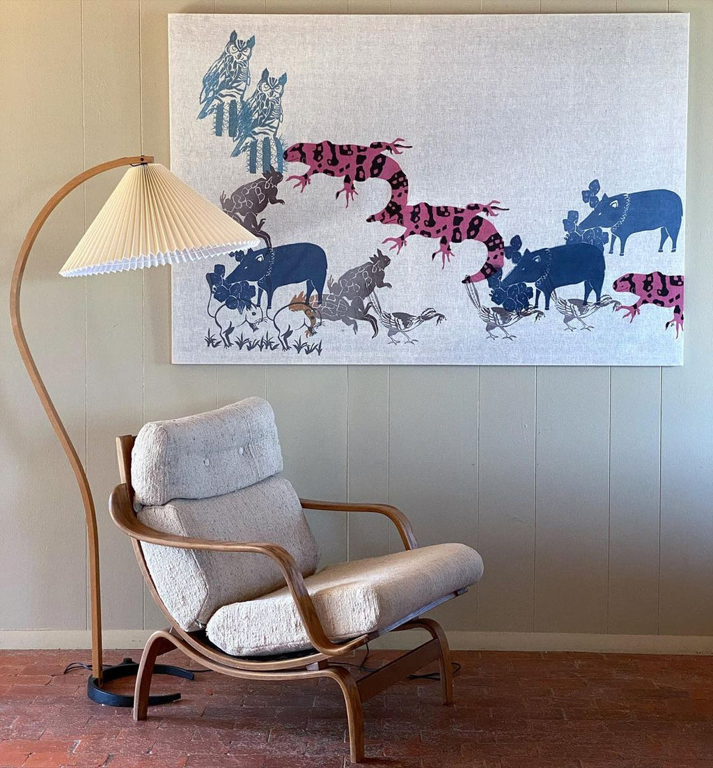 Floor Lamp, Caprani Beechwood & Linen Shade, E26/E27, Plug-In