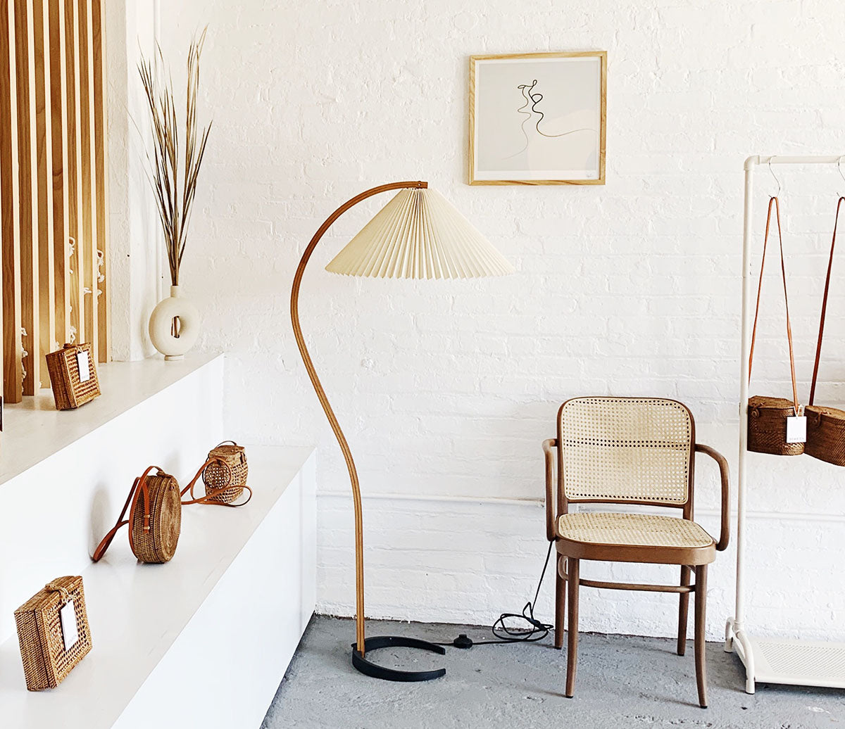 Floor Lamp, Caprani Beechwood & Linen Shade, E26/E27, Plug-In