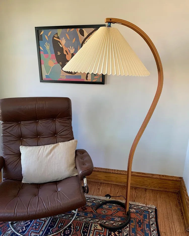 Floor Lamp, Caprani Beechwood & Linen Shade, E26/E27, Plug-In