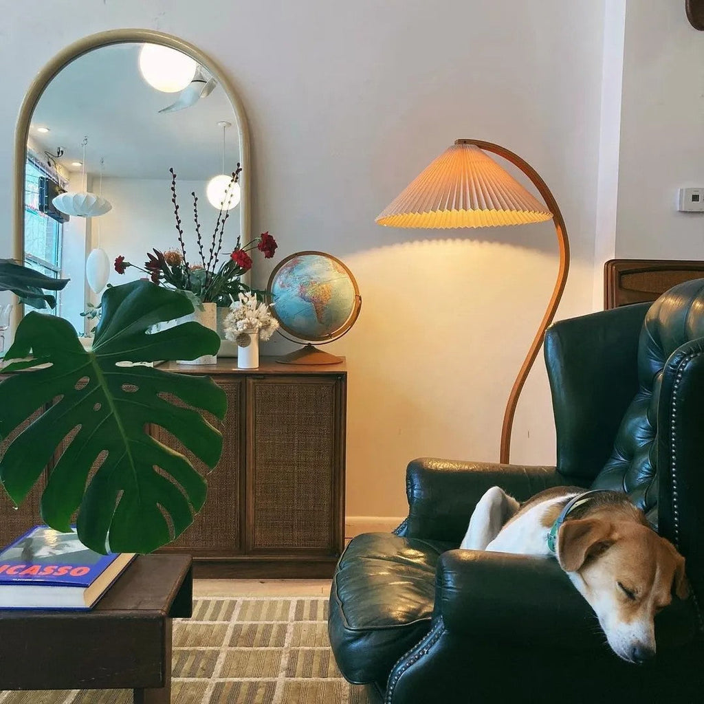 Floor Lamp, Caprani Beechwood & Linen Shade, E26/E27, Plug-In