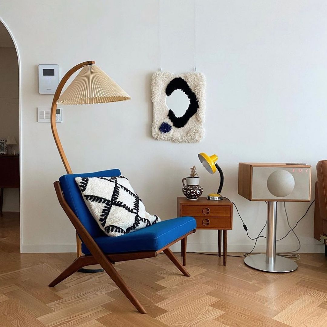 Floor Lamp, Caprani Beechwood & Linen Shade, E26/E27, Plug-In