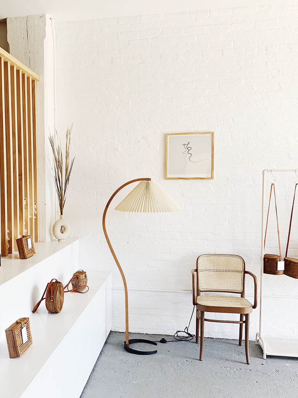 Floor Lamp, Caprani Beechwood & Linen Shade, E26/E27, Plug-In