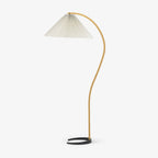 Caprani floor lamp full view with linen shade and wood detailing