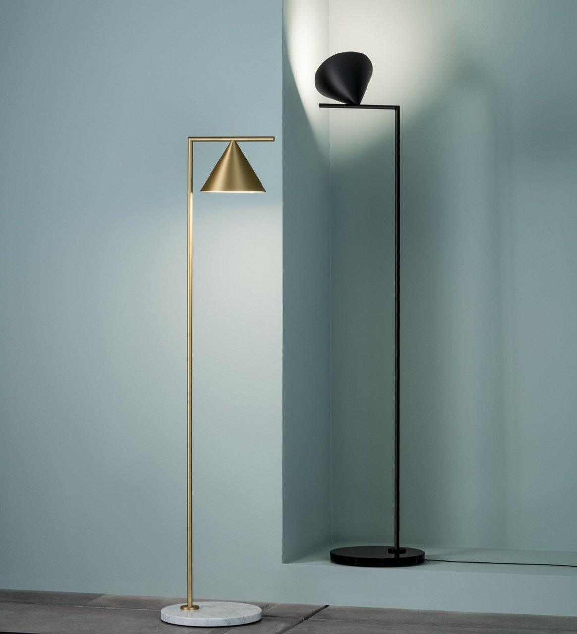 Marble-base floor lamp lighting a quiet corner at night