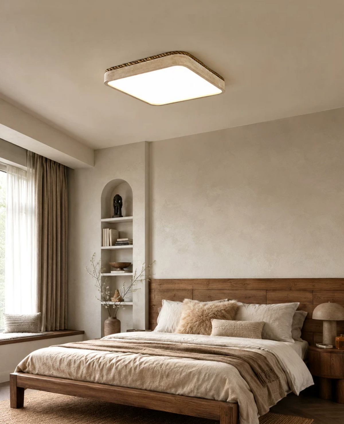 Warm light from this Clérachic ceiling fixture spills over a bed set in a window nook lined with built-in shelving.