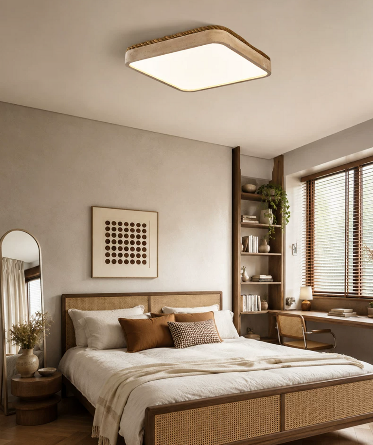 Lit above a rattan-trimmed bed, this Clérachic ceiling light sits near a round mirror and open bookshelf.