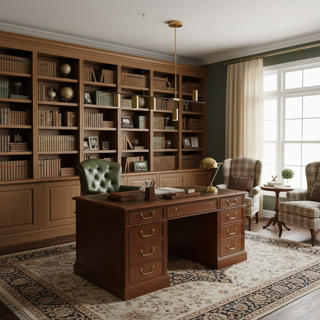 This Clérachic chandelier hangs in a wood-panelled study, above a leather-top desk and a patterned rug.