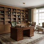 This Clérachic chandelier hangs in a wood-panelled study, above a leather-top desk and a patterned rug.