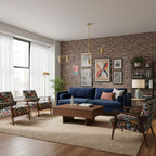 In front of an exposed brick wall hung with framed art, this Clérachic chandelier hangs above a reading nook.
