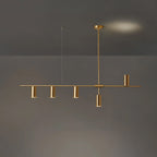 Against a dim grey backdrop with a warm glow behind, several gold cylinder heads cluster along this Clérachic chandelier's black bar.