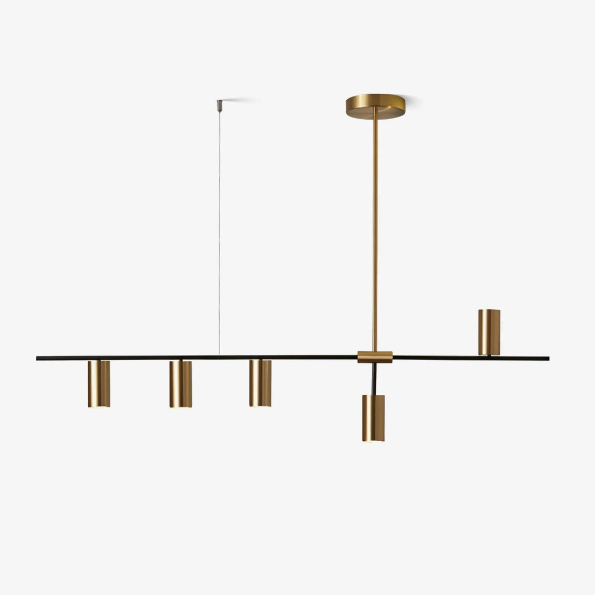 Front and level, this Clérachic chandelier's black bar spans evenly with gold cylinder heads, on a plain white background.
