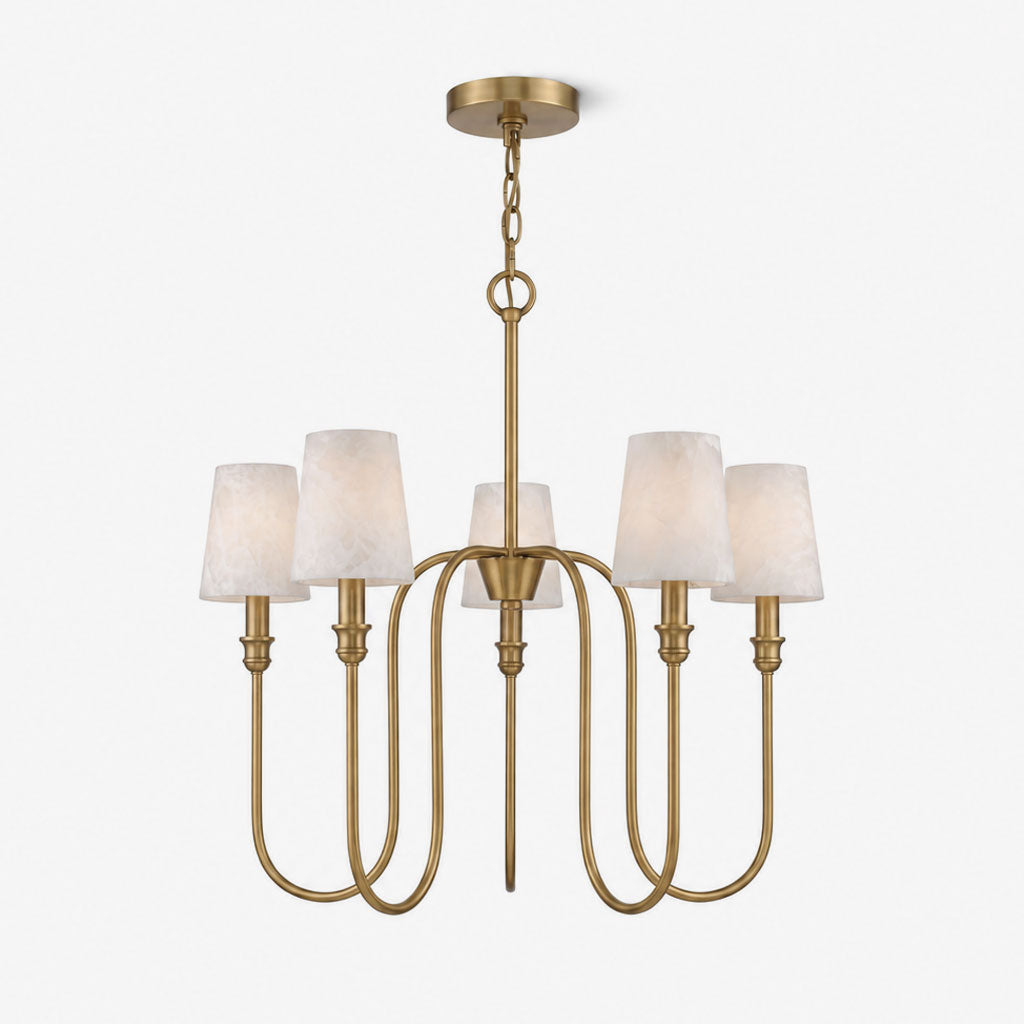 Cutout view of this Clérachic chandelier in brass, its five tapered alabaster shades on looped arms.