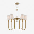 Cutout view of this Clérachic chandelier in brass, its five tapered alabaster shades on looped arms.