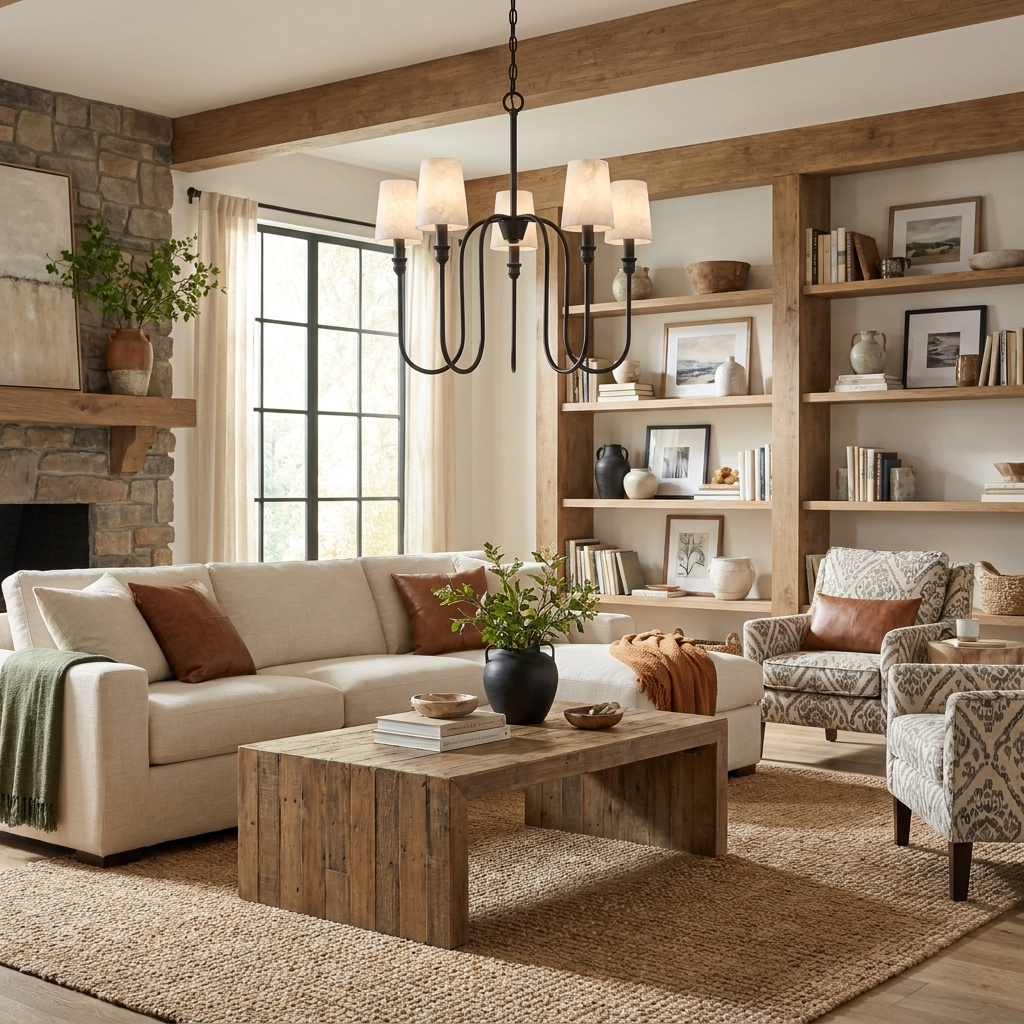 This black Clérachic chandelier hangs above a living room with a stone fireplace and a beige sofa.