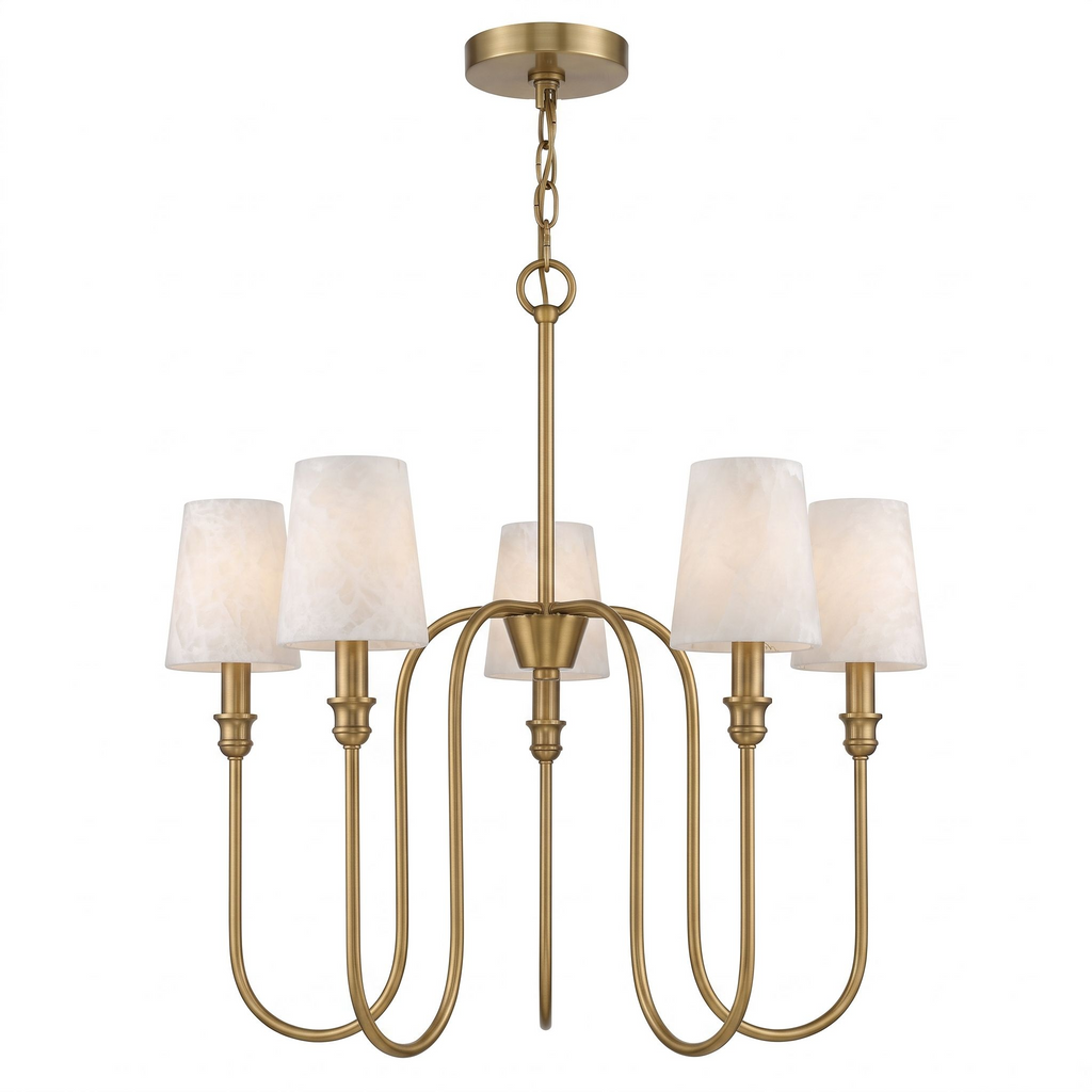 Another cutout shows this Clérachic chandelier in brass from a slightly different angle, fully lit.