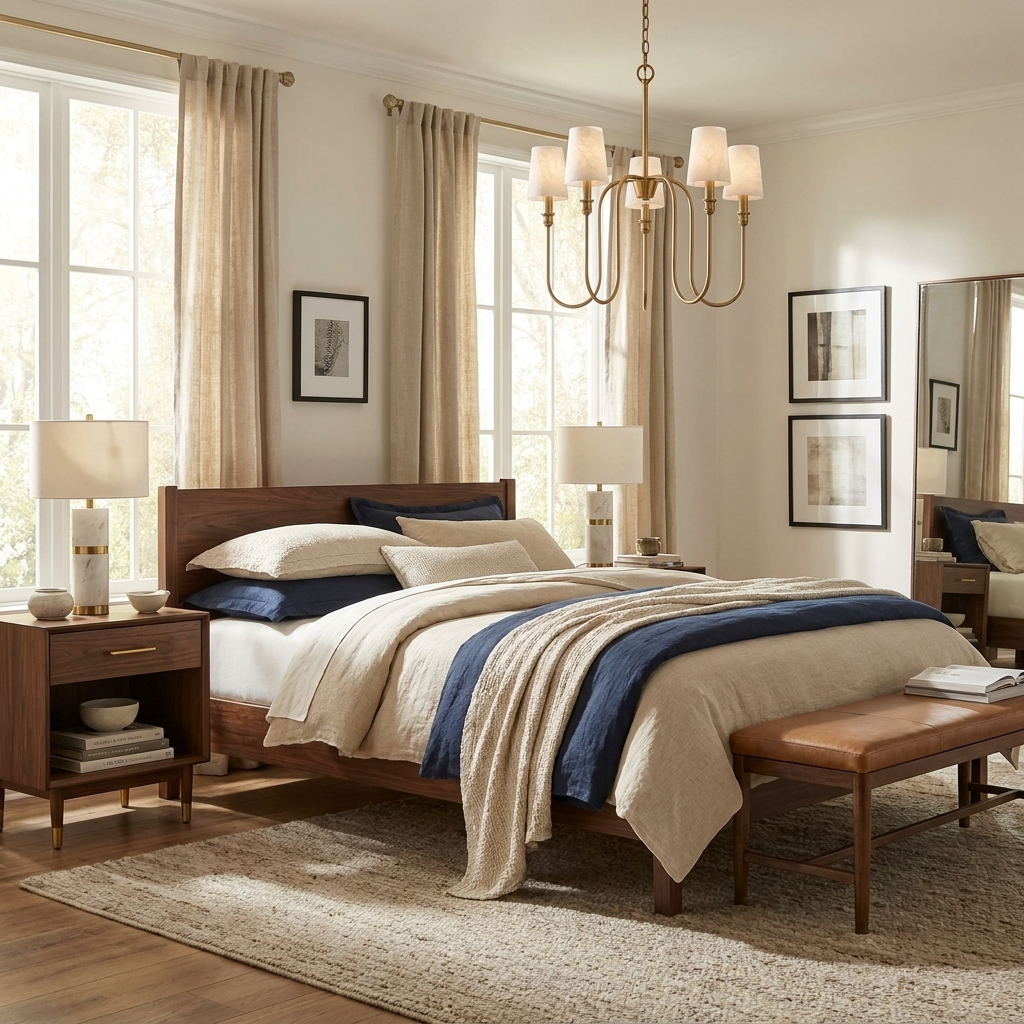 This brass Clérachic chandelier hangs partly in view above nightstands in a bedroom with cream drapery.