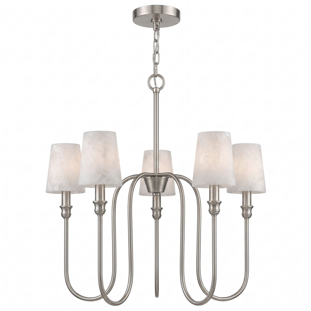 Cutout view of this Clérachic chandelier in nickel, its alabaster shades catching the light.