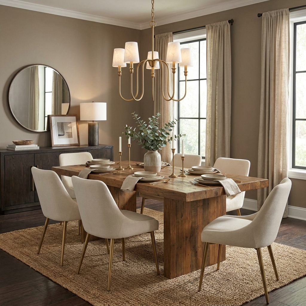 This brass Clérachic chandelier lights a dining room with a round mirror and gold-legged cream chairs.