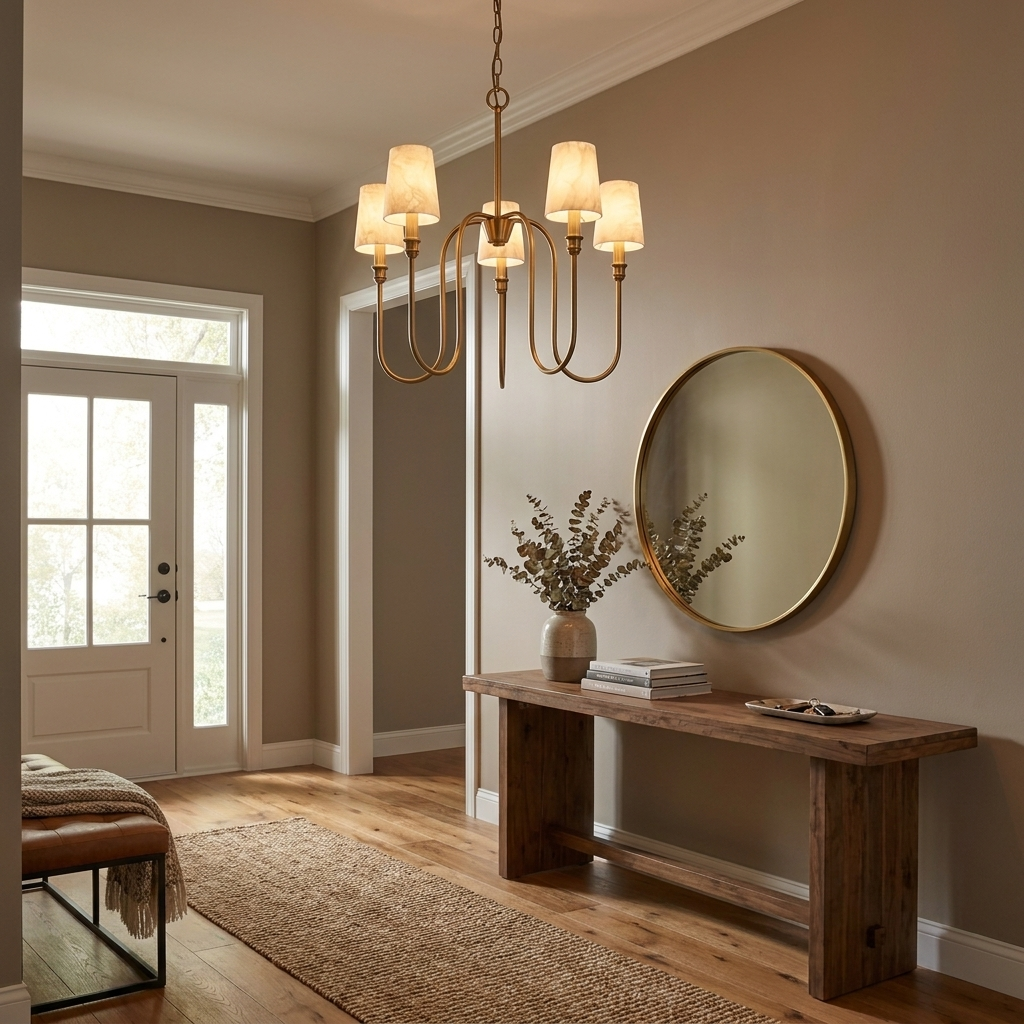 This brass Clérachic chandelier lights an entryway beside a round mirror and a wood console table.