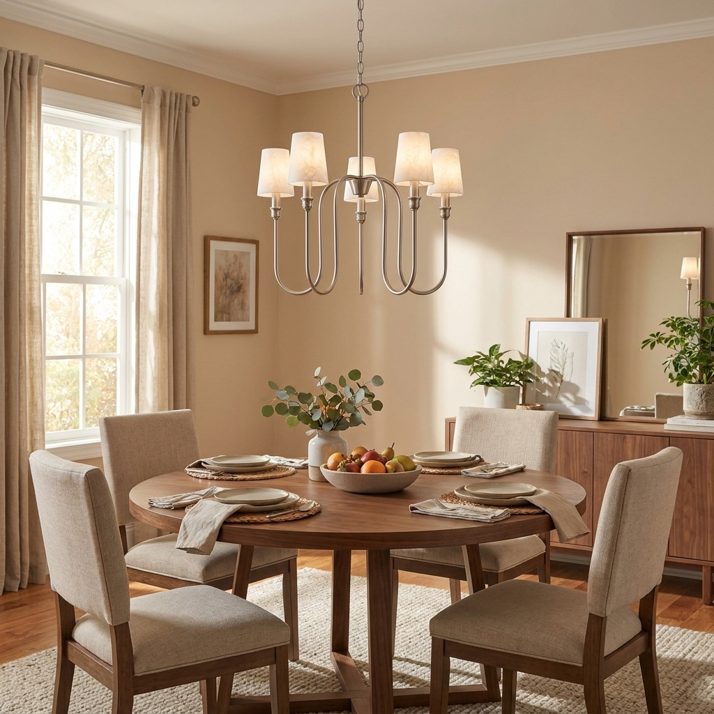 This Clérachic chandelier in nickel hangs above a round table set for dinner in a warm beige room.