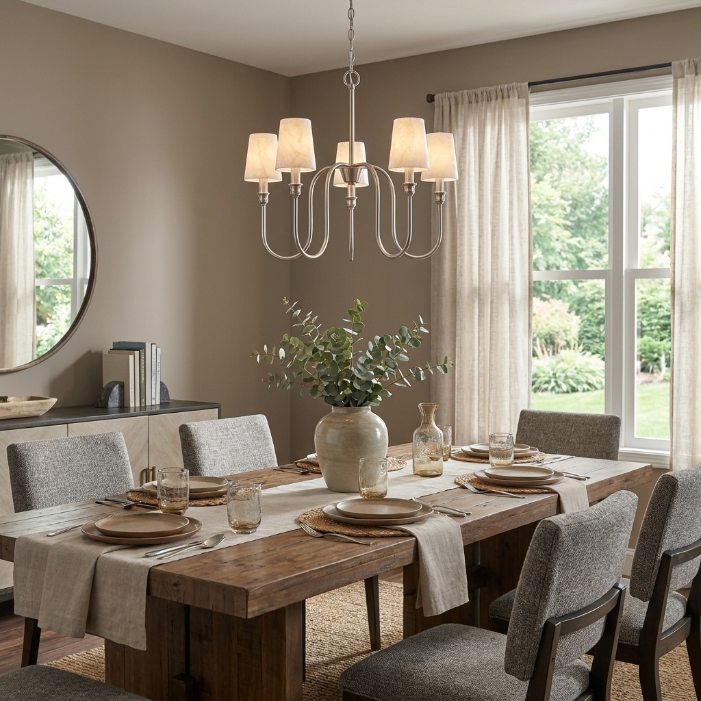 This nickel Clérachic chandelier hangs above a table set with grey chairs and sheer curtains.