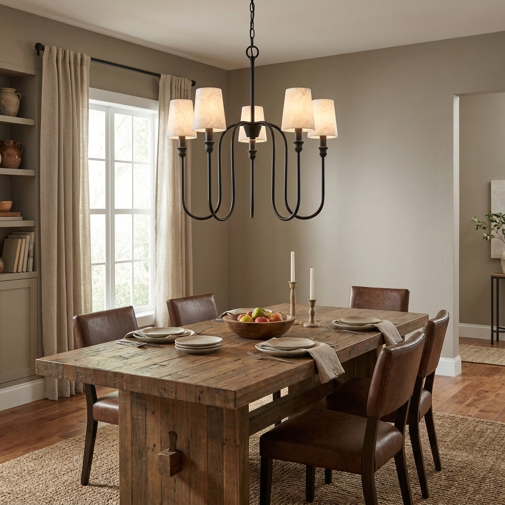 This black Clérachic chandelier hangs above a wood table with leather chairs and a filled bookshelf.