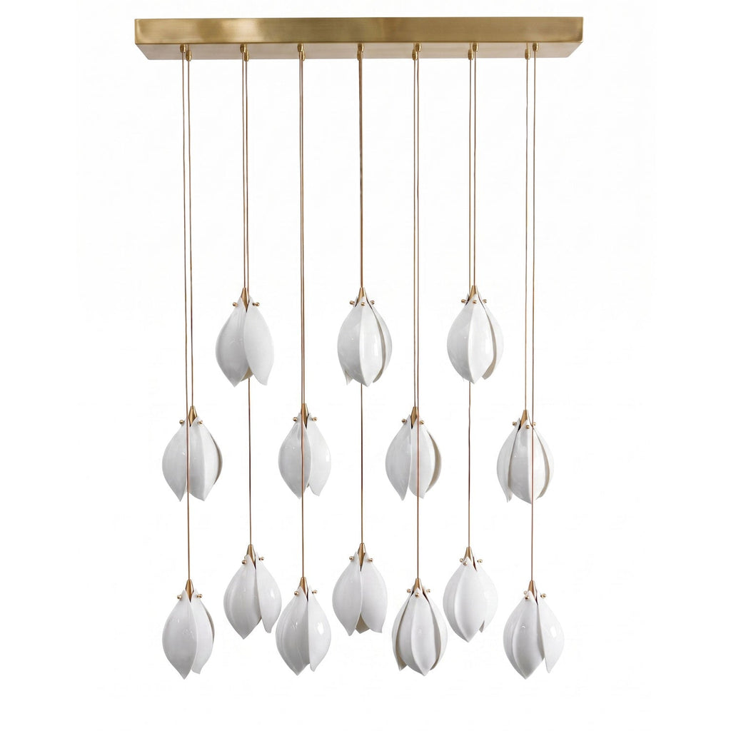 Brass and white ceramic flower pendant light in a bright room