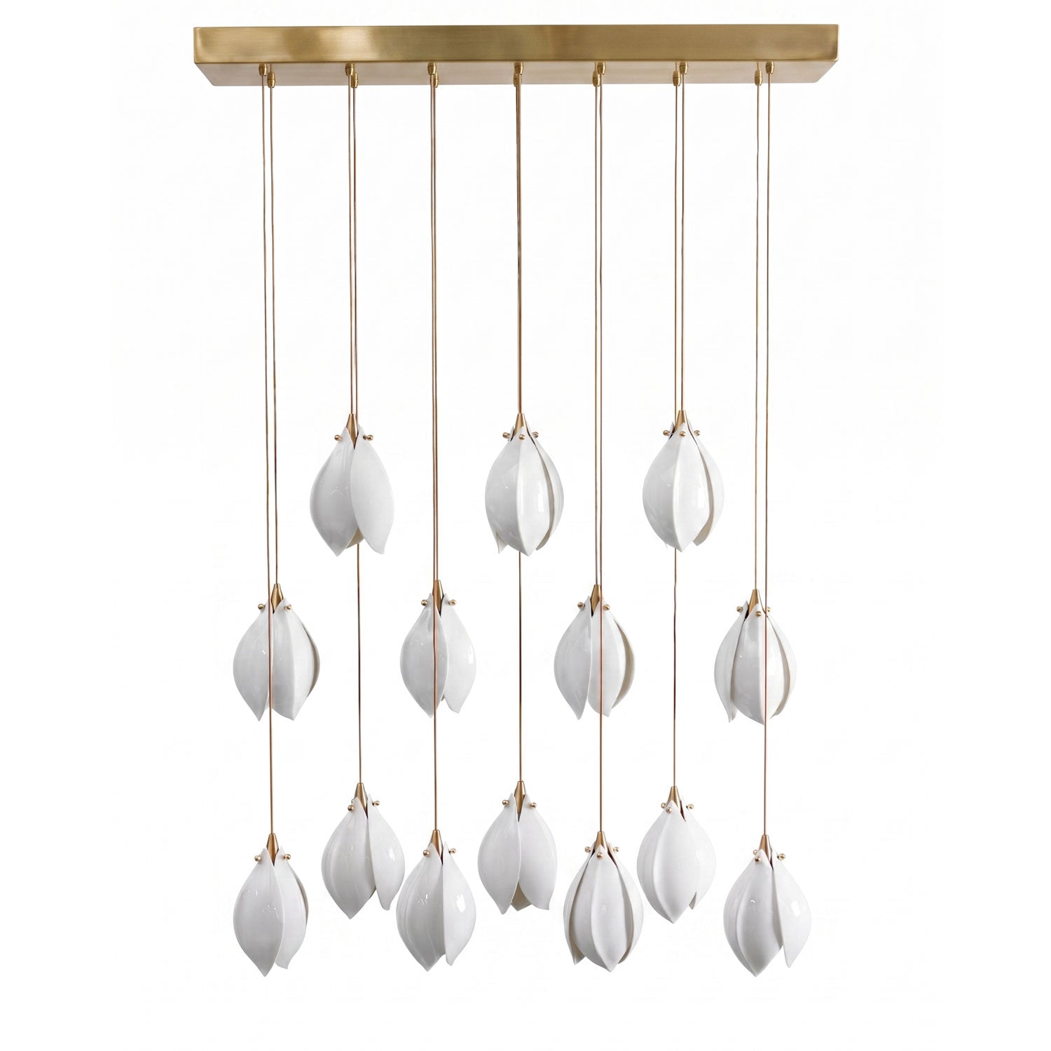 Brass and white ceramic flower pendant light in a bright room