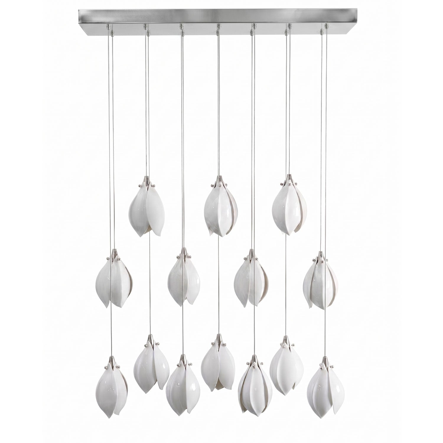 Ceramic flower pendant light arrangement with glowing white blooms