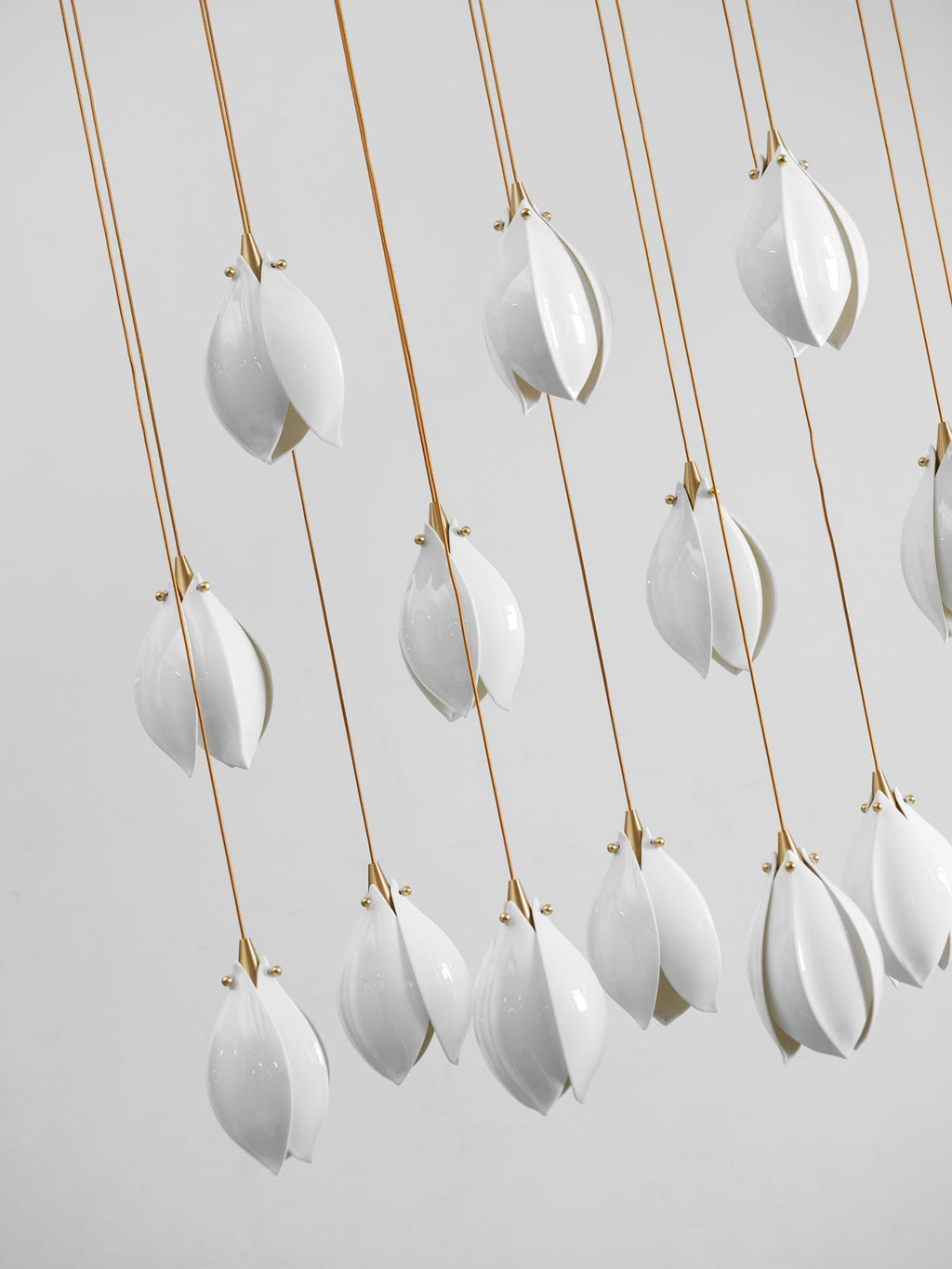 Pendant Light, Ceramic Flower Shades, Brass & White, G9 LED