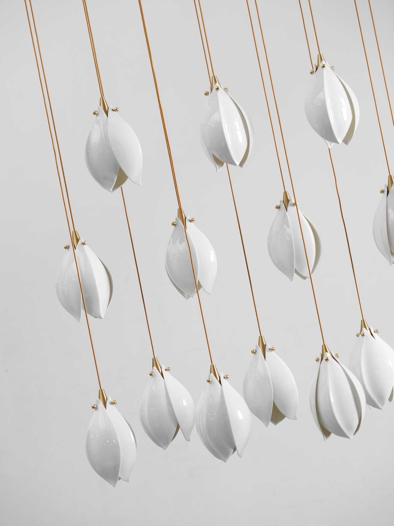 Pendant Light, Ceramic Flower Shades, Brass & White, G9 LED