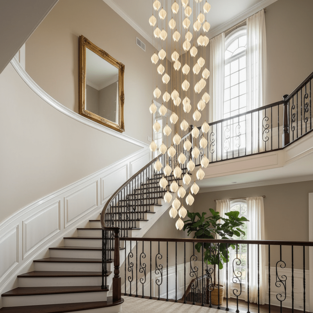 Pendant Light, Ceramic Flower Shades, Brass & White, G9 LED