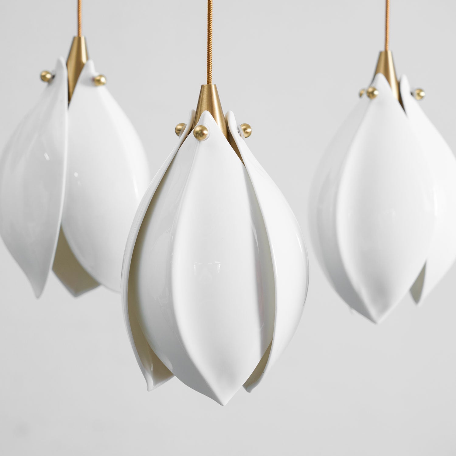 Pendant Light, Ceramic Flower Shades, Brass & White, G9 LED