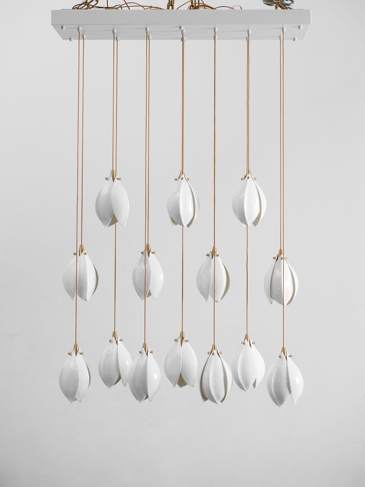 Pendant Light, Ceramic Flower Shades, Brass & White, G9 LED