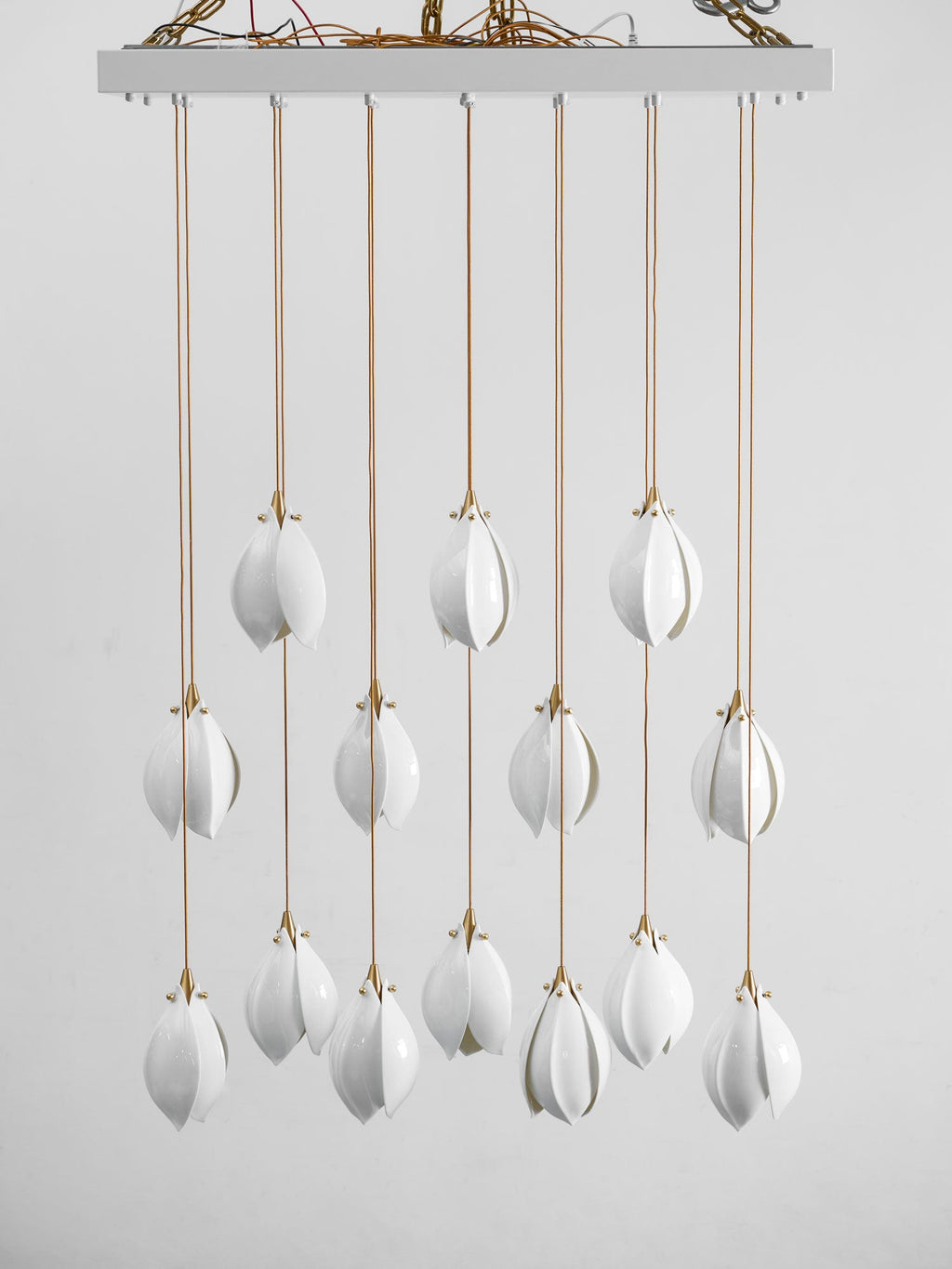 Pendant Light, Ceramic Flower Shades, Brass & White, G9 LED